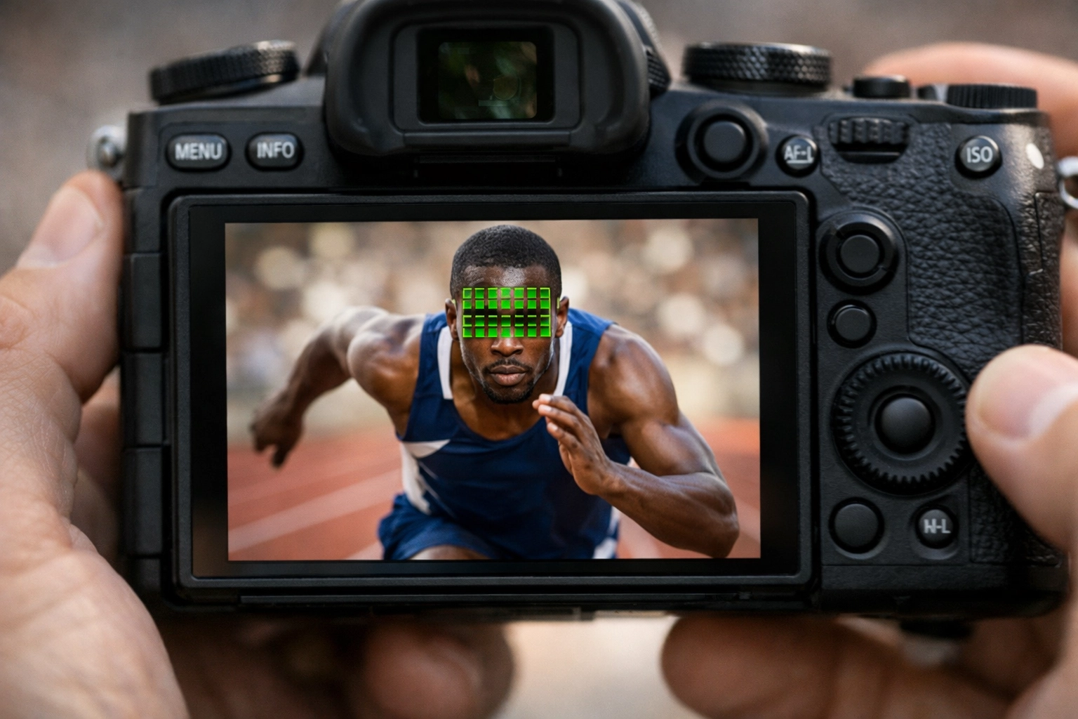Mirrorless camera screen showing AI autofocus tracking locked onto a sprinter's face during a race.
