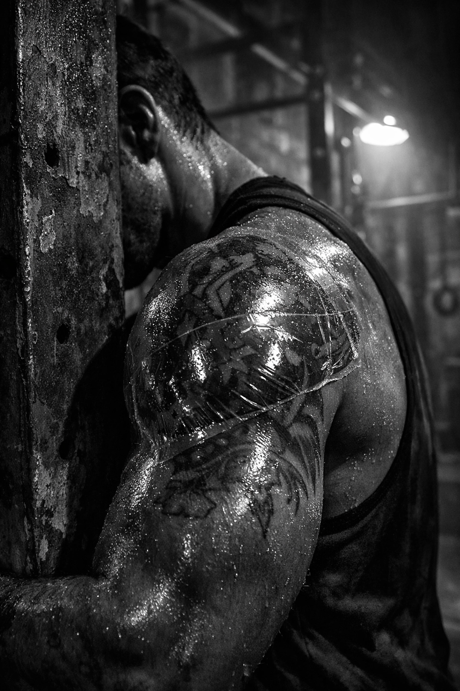 A person at the gym with second skin over a new tattoo, warning against the sweat trap in tattoo aftercare.