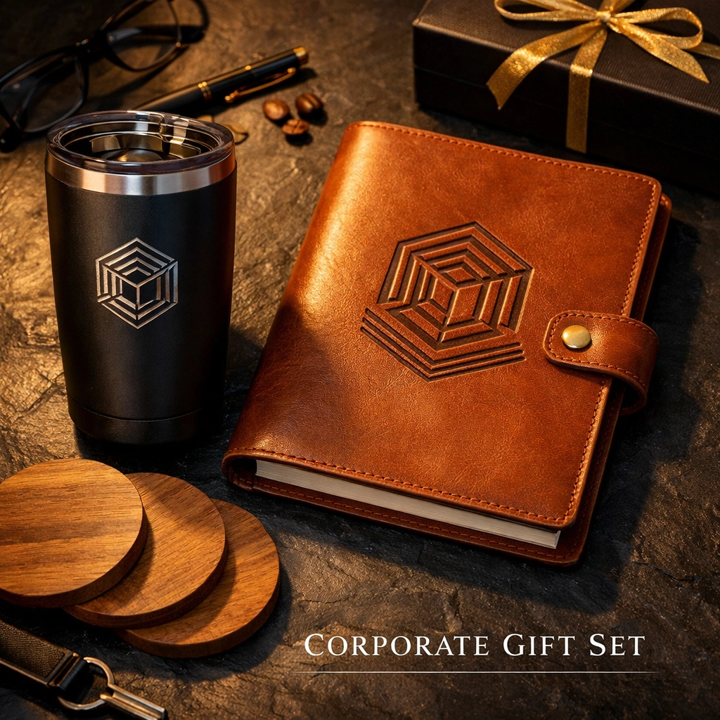Custom corporate gift set featuring a laser-engraved black tumbler, leather journal, and coasters.