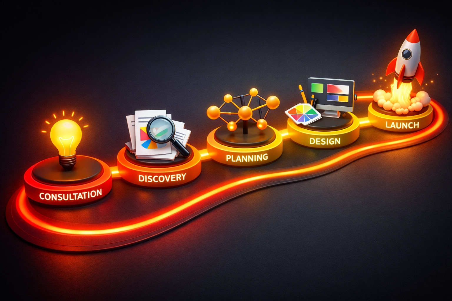 Web design process timeline showing consultation, planning, design, and launch milestones