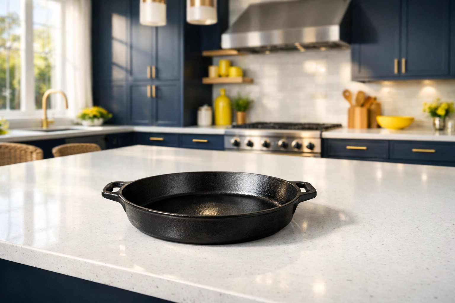 A well-seasoned cast iron skillet on a clean modern kitchen island, highlighting eco-friendly cookware care.