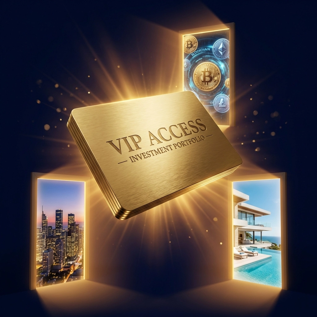 VIP access card representing exclusive investment opportunities for accredited investors, with icons for real estate, crypto, and city investments.