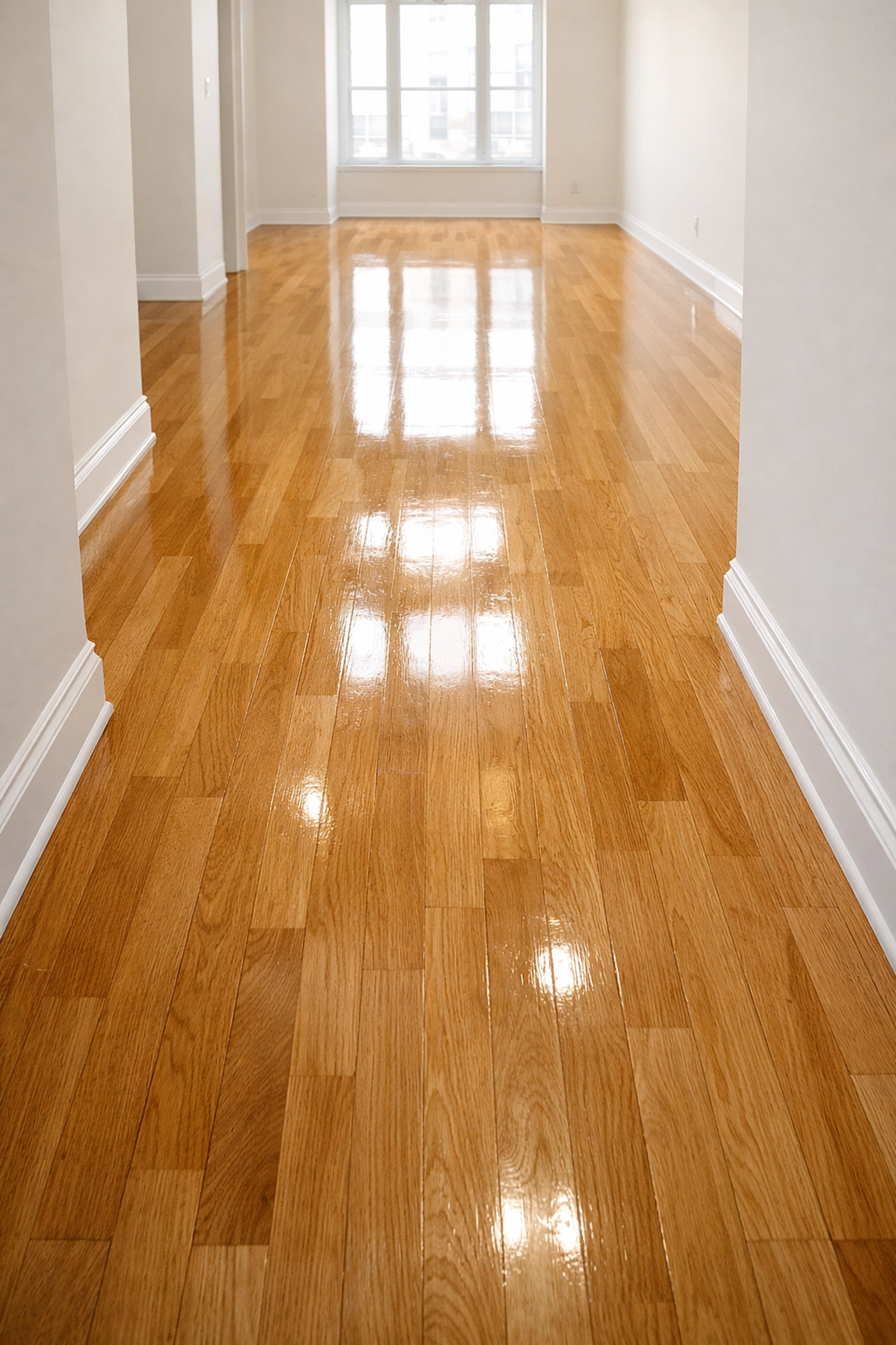 Clean hardwood floors in move-in ready apartment after make-ready turnover