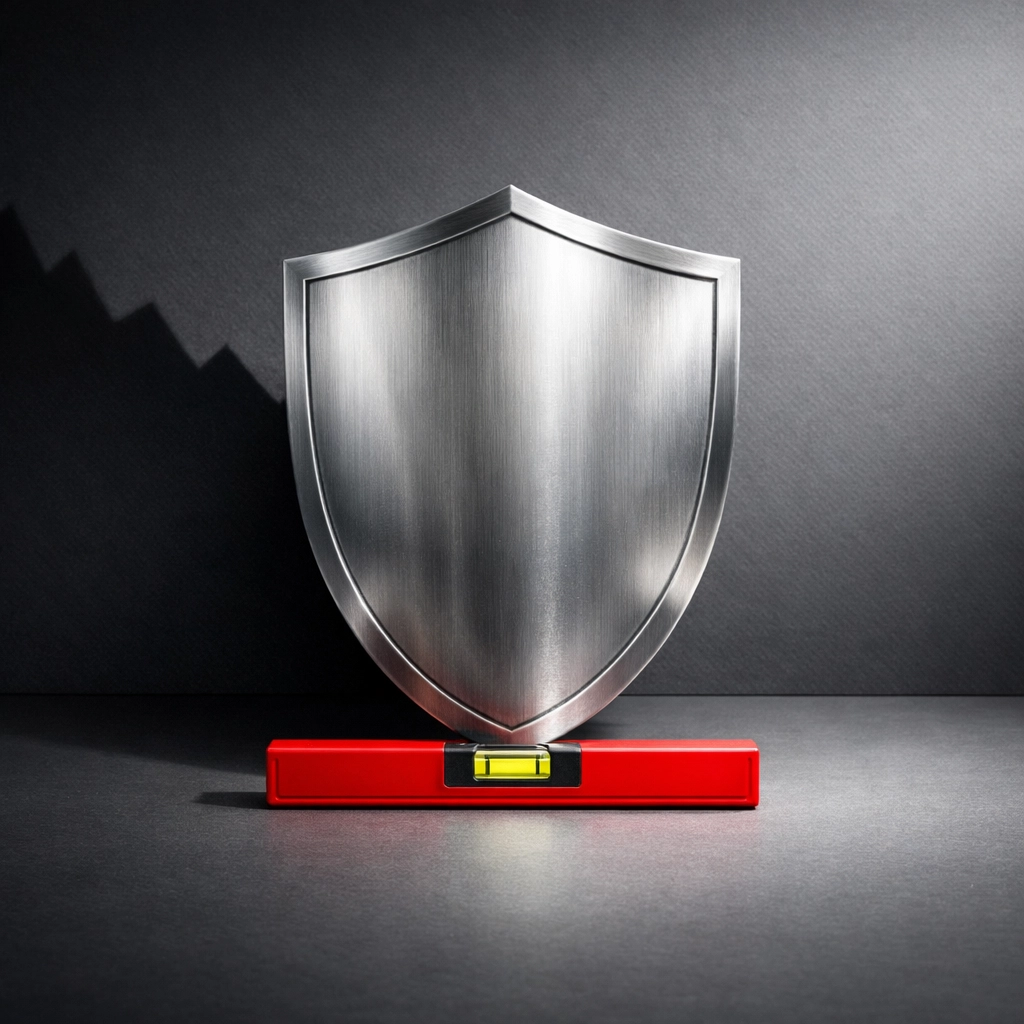Metal shield and spirit level illustrating the 0% floor protection of a family banking strategy.