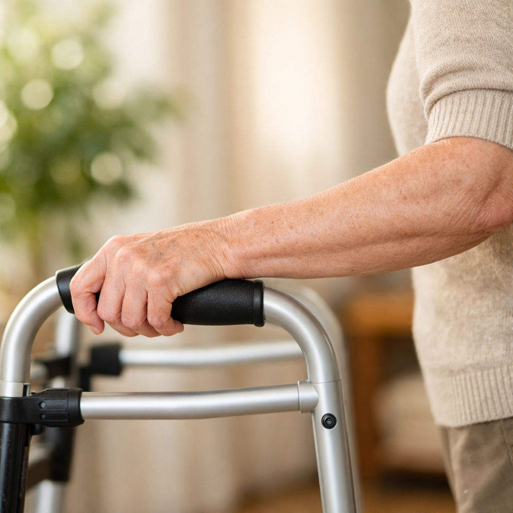 Correct walker height showing a senior's arm with a 15-degree elbow bend for proper support.