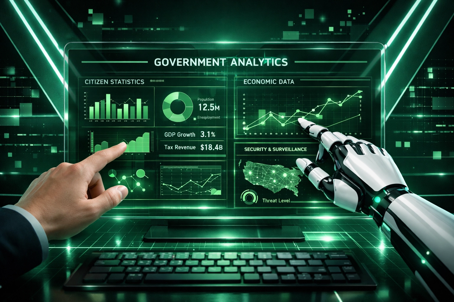 Human and AI collaboration on government data dashboards showing workforce integration