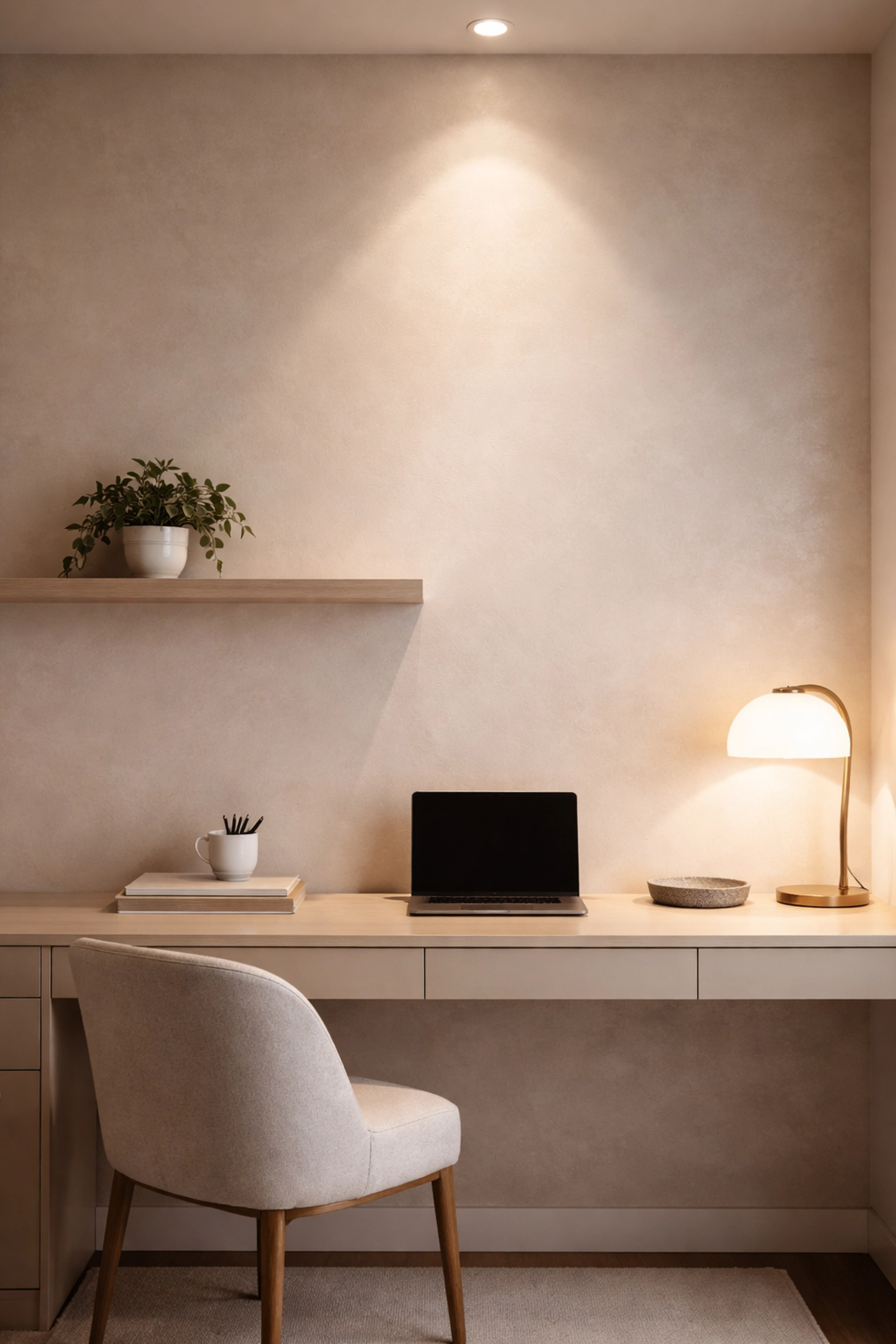 Micro-grain Venetian plaster accent wall with subtle sheen in a sophisticated home office setting.