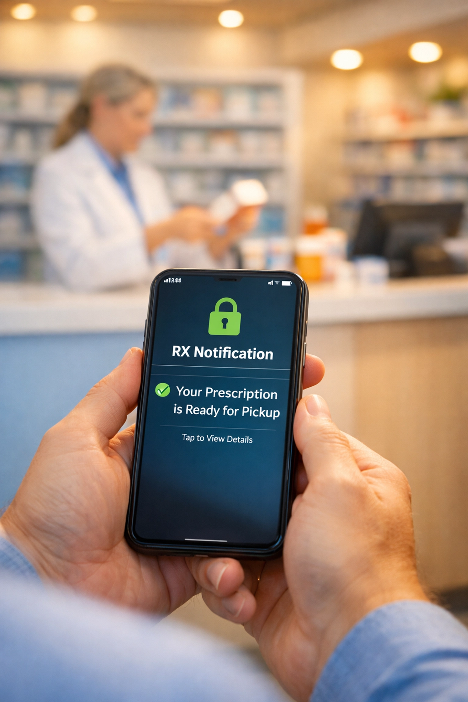 Patient receiving prescription ready notification on phone with pharmacy counter in background