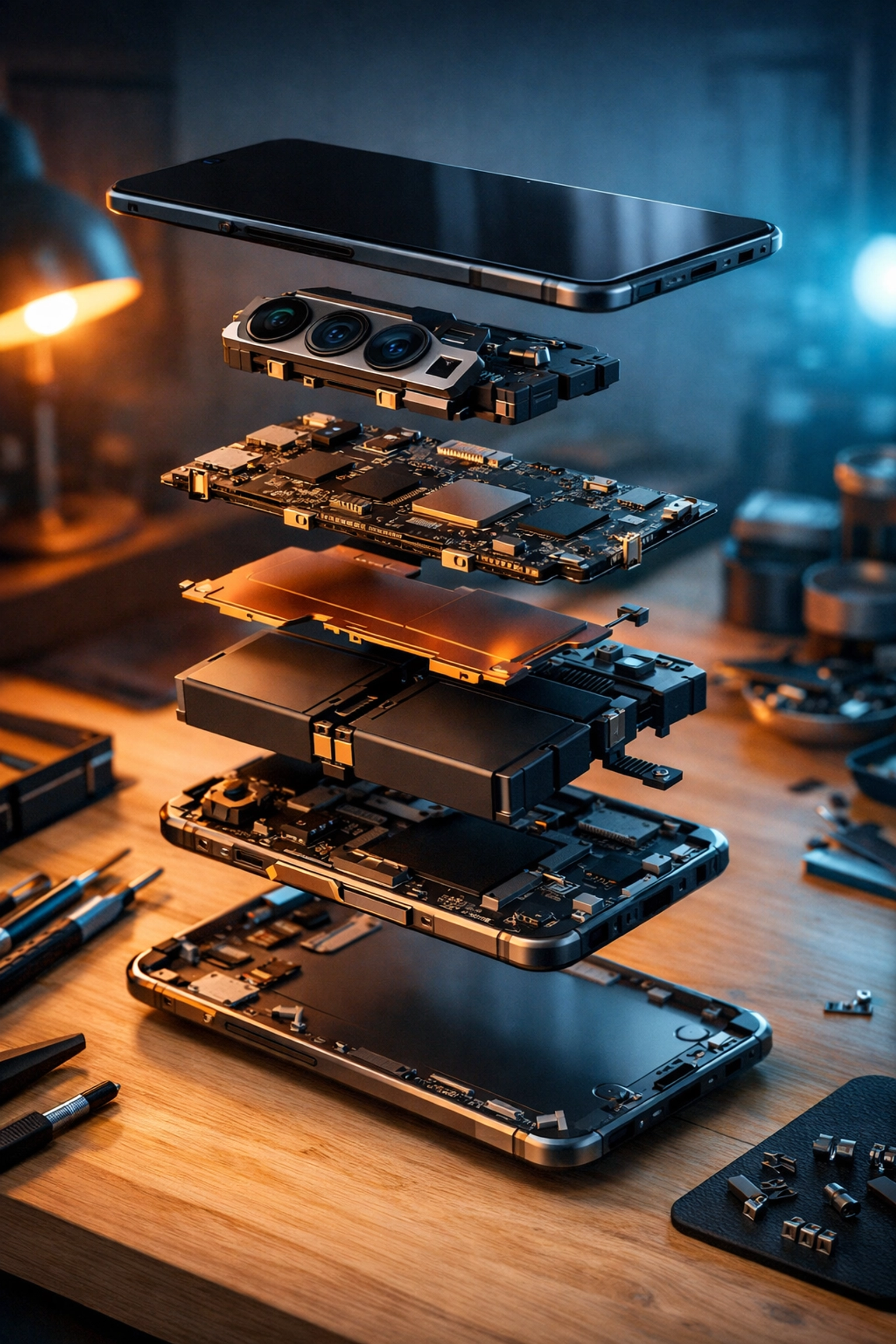 Modular smartphone exploded view showing internal components and replaceable battery for easy DIY repair.
