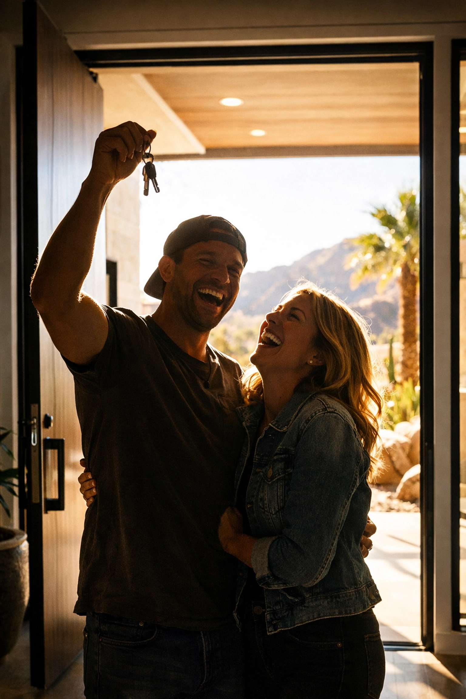 Happy couple celebrating a successful home closing and holding keys to their new Phoenix house.