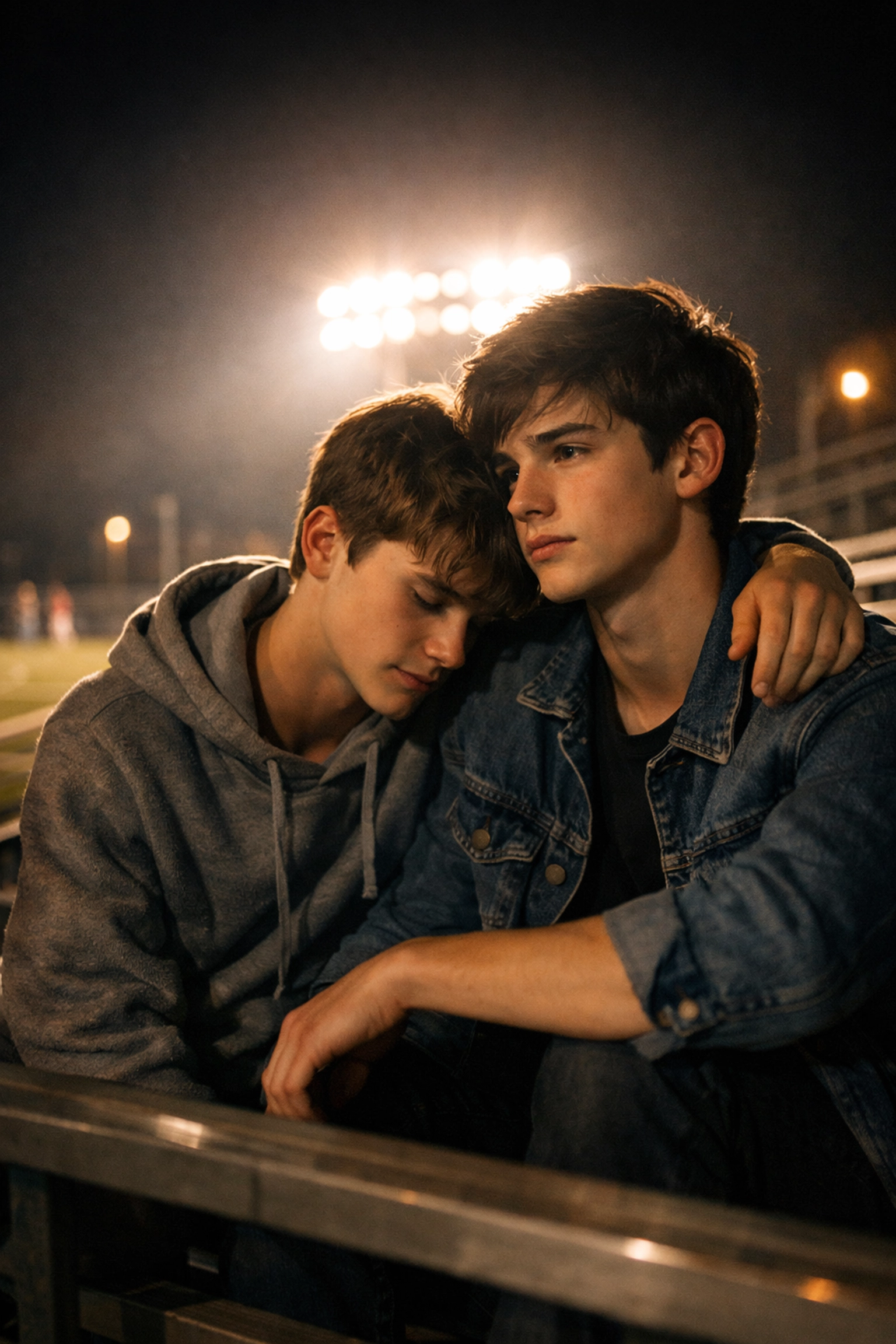 Two gay teens share moment on bleachers - LGBTQ+ YA fiction closeted relationship representation