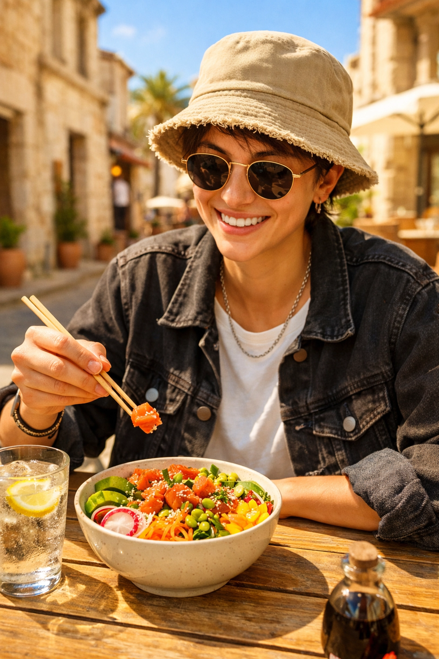 Client profitant d'un poke bowl en terrasse, parfait pour un repas healthy à Montpellier.