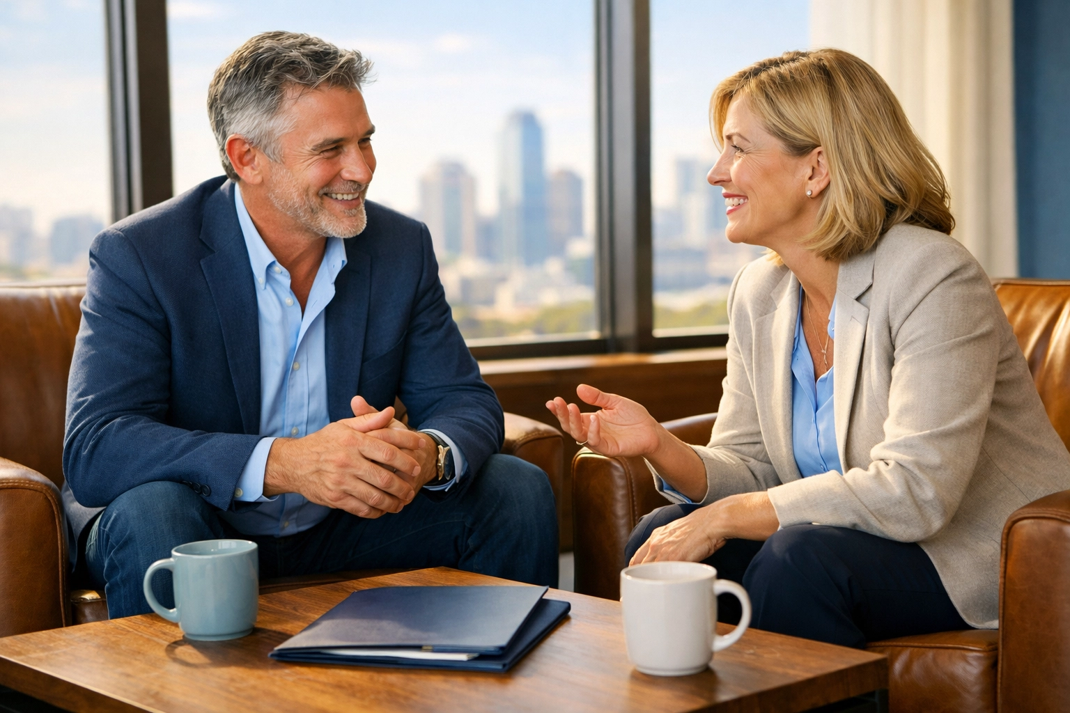 Business partners discussing a funded buy-sell agreement and succession planning for a smooth transition.