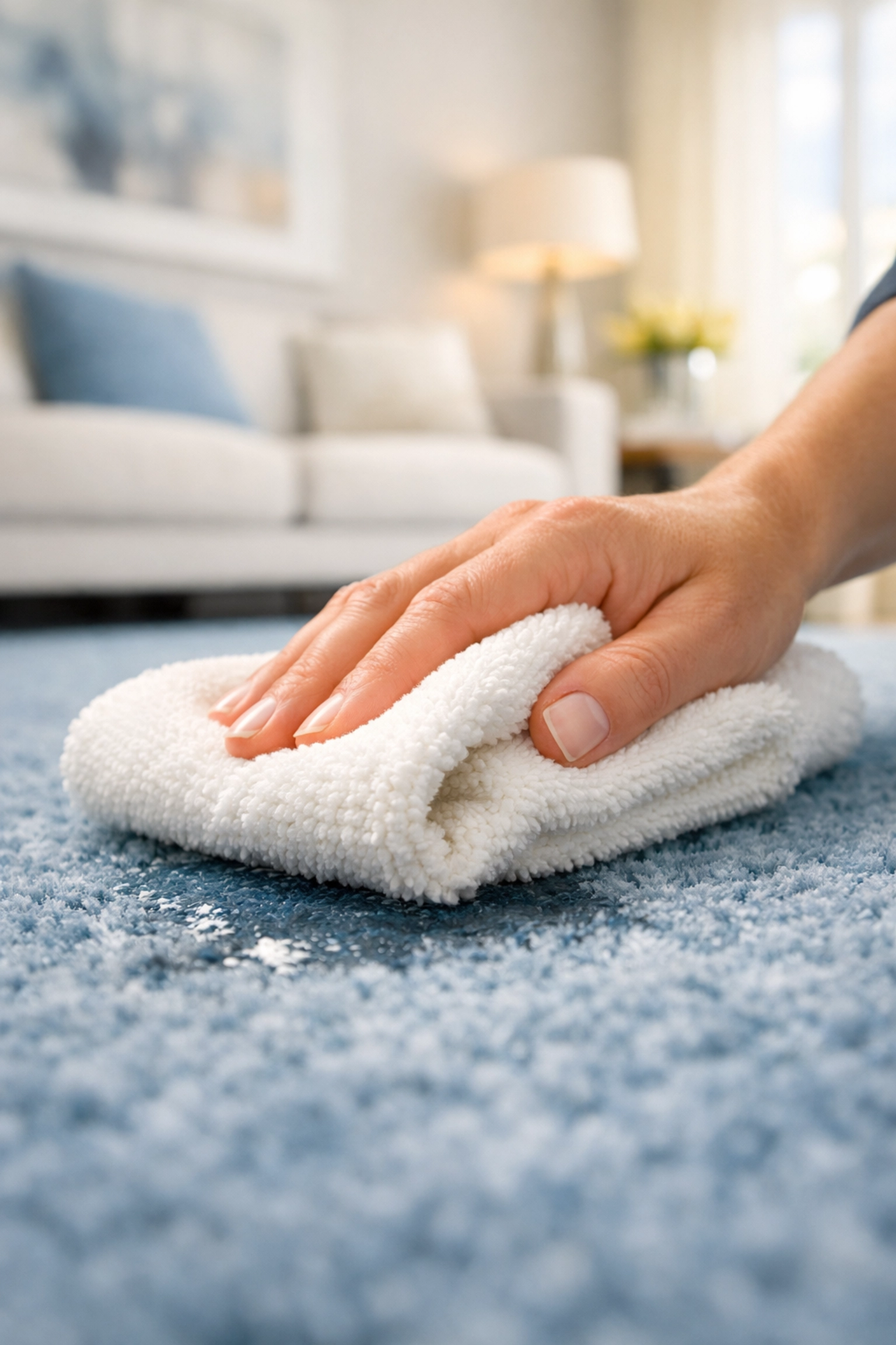 Hand blotting excess water from a carpet dent with a clean white microfiber cloth.