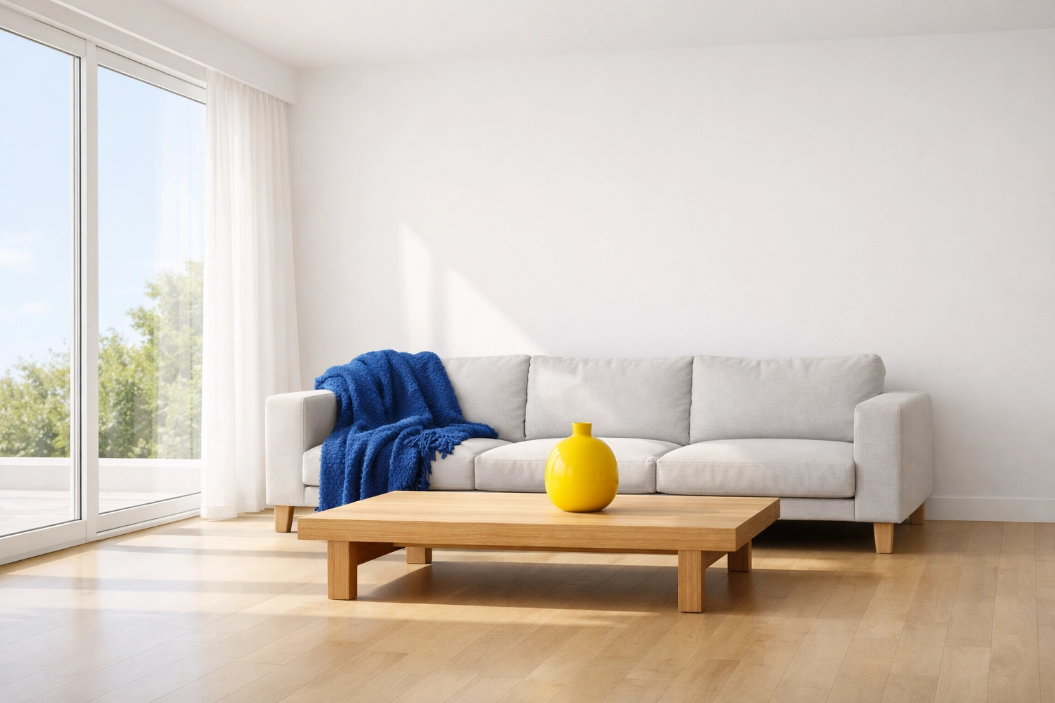 Clean minimalist living room with white walls and a grey sofa, illustrating a stress-free home environment.