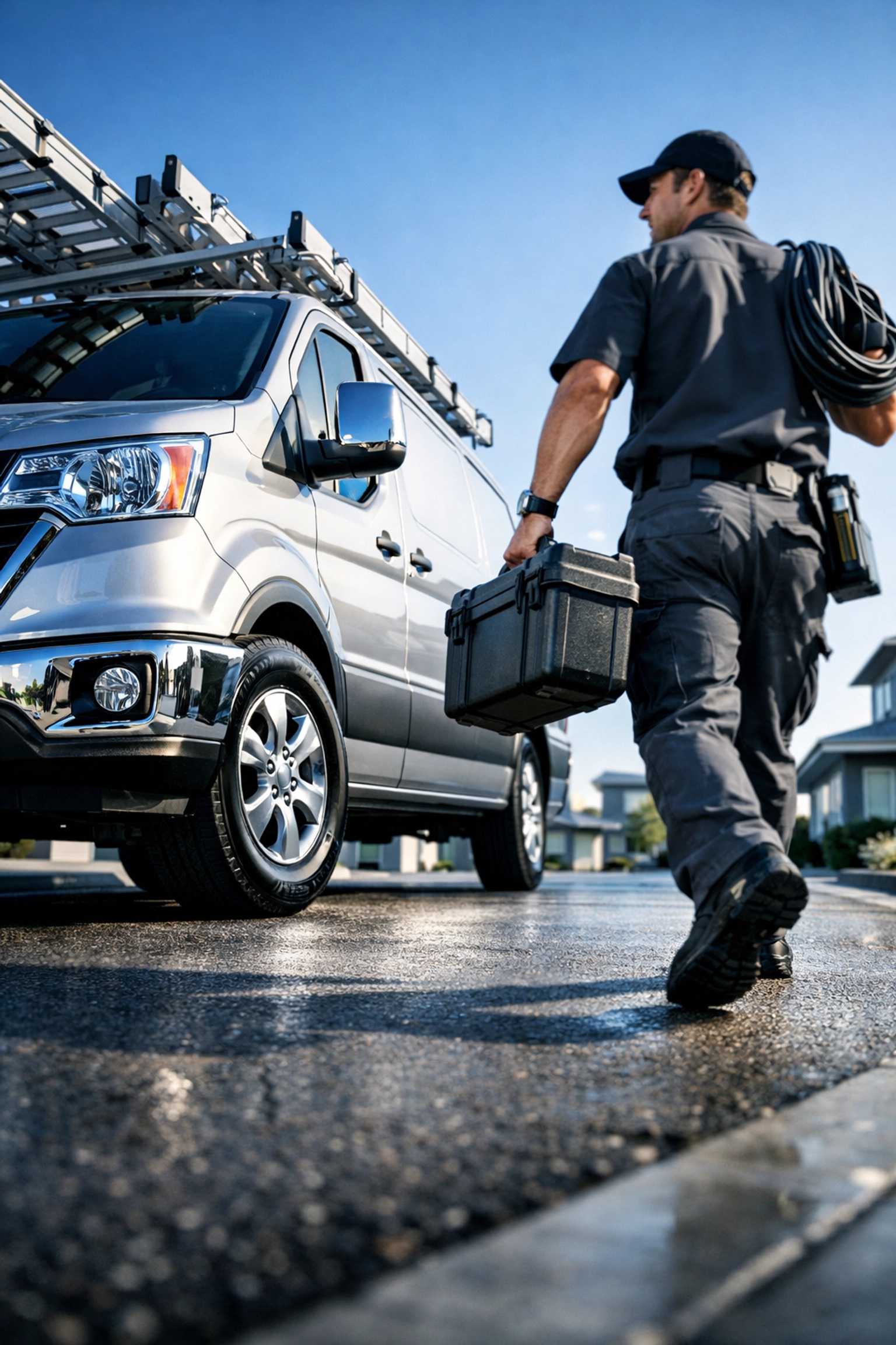 A professional service vehicle and uniformed technician parked on a modern residential street.