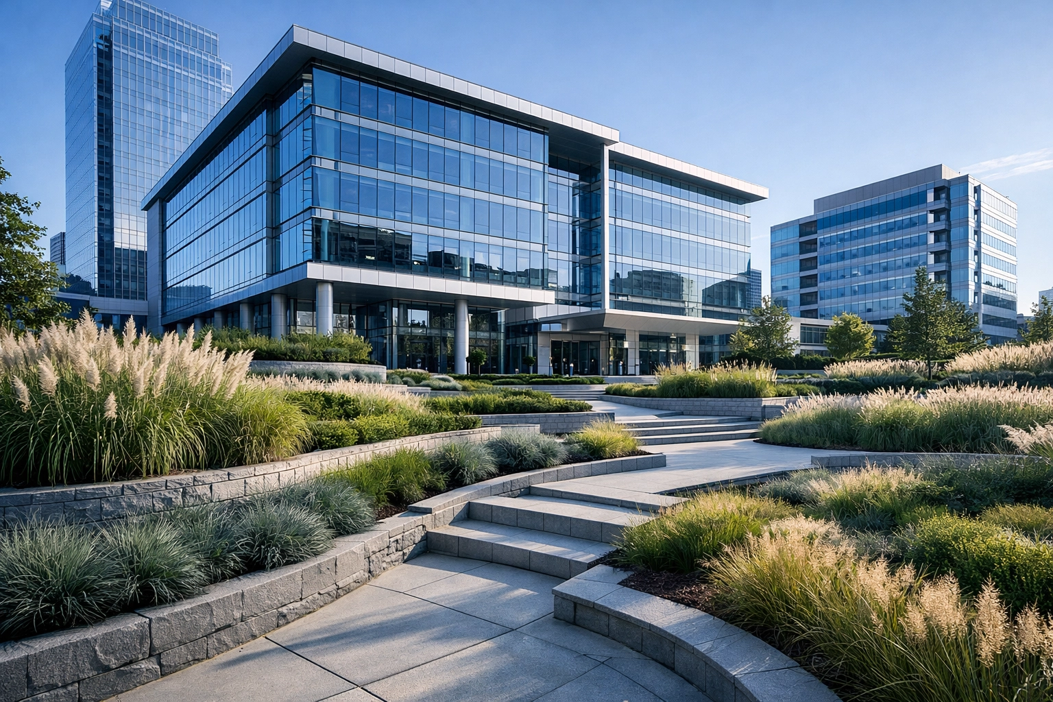 Sophisticated commercial landscaping at an NC corporate office building reflecting high-value contracts.