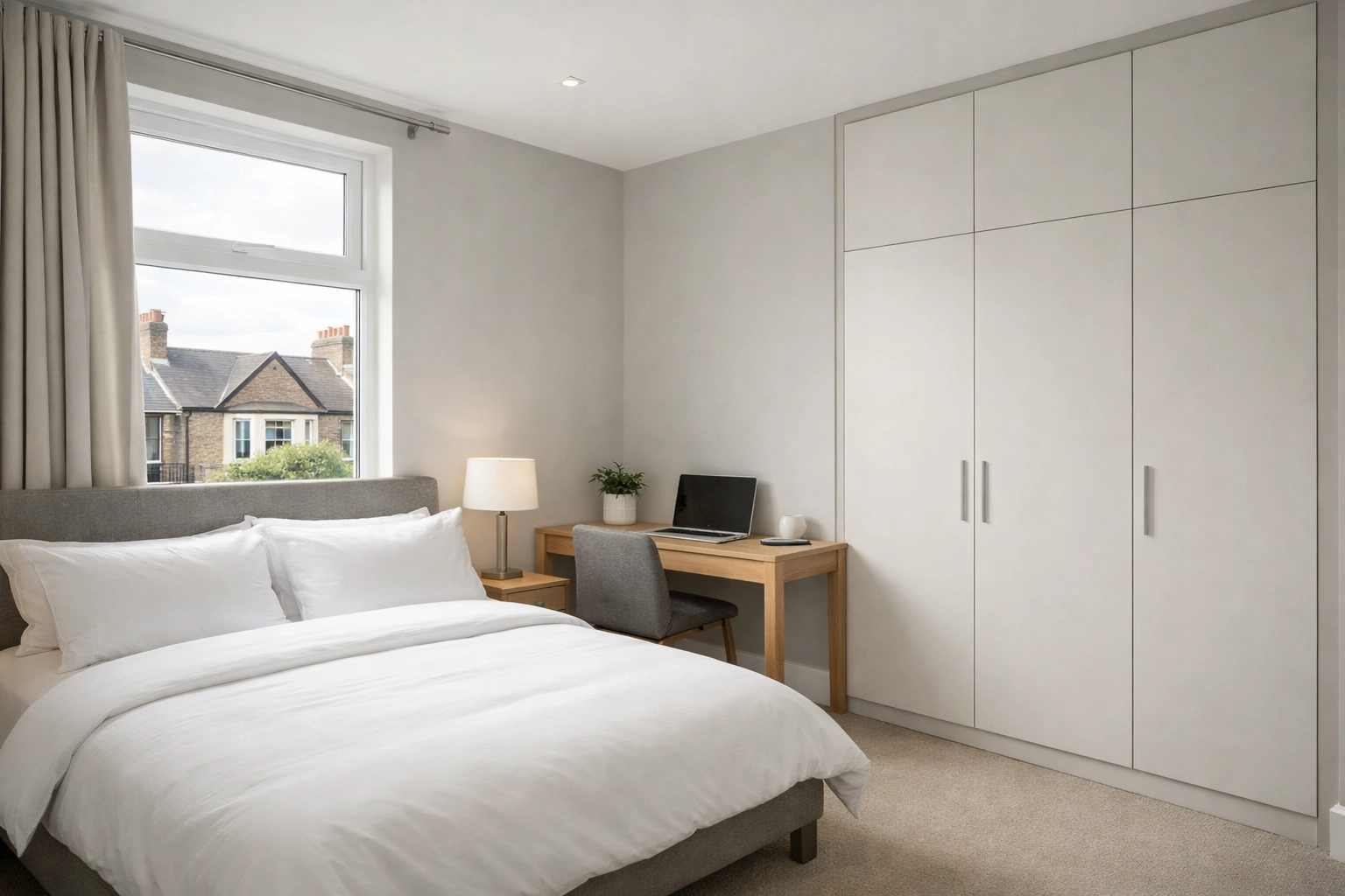 Modern HMO bedroom design with built-in storage and desk maximizing rental yield