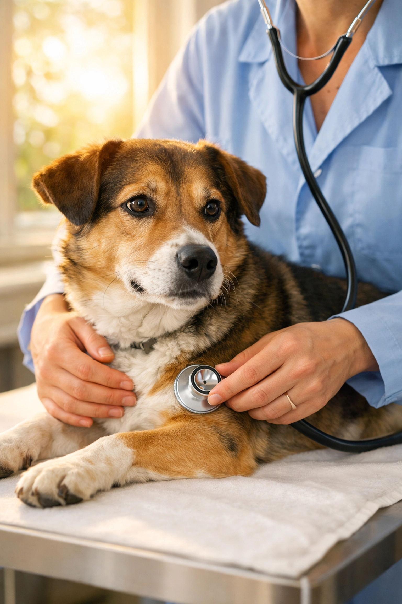 A veterinarian performing a health screening on a new rescue dog before it goes to a foster home.