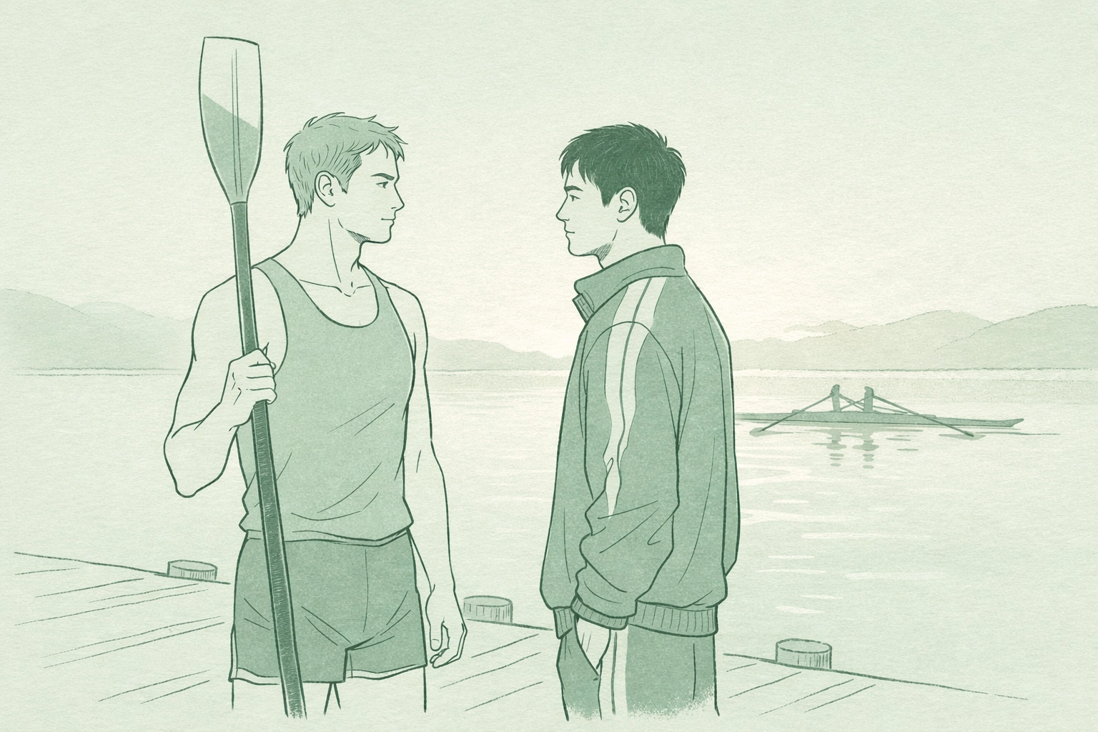 MM romance athletes at the Gay Games standing on a pier reflecting on identity and truth.