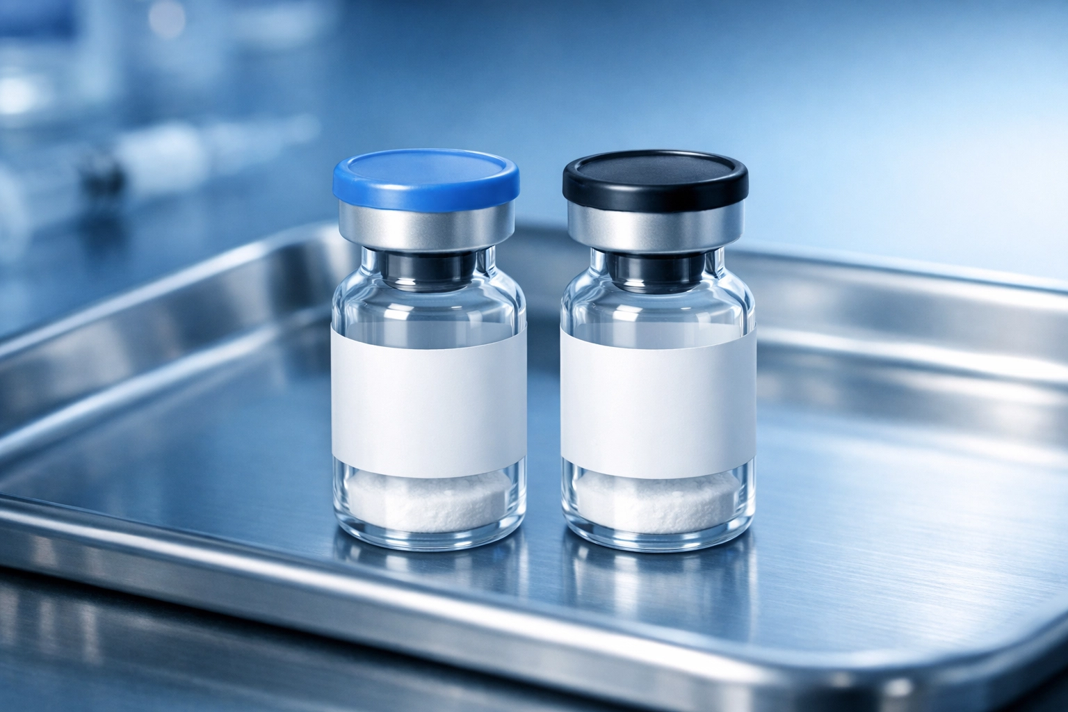 Sterile peptide vials on a stainless medical tray in a cool blue clinical setting
