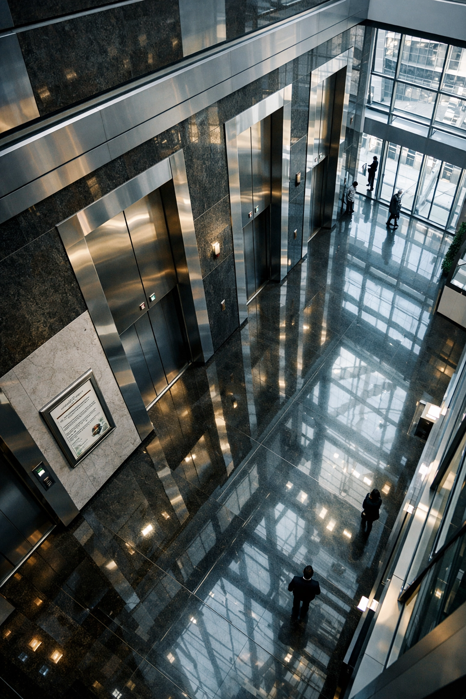 Modern office building lobby with multiple elevator banks requiring POTS replacement