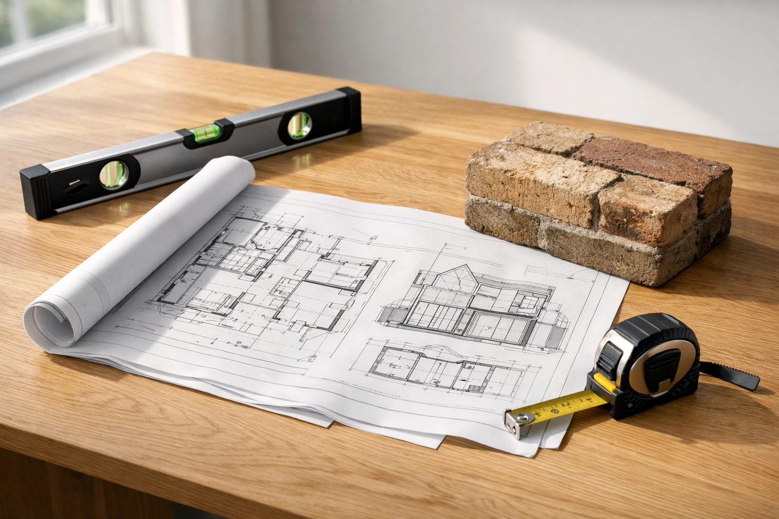 Design and build house extension plans on a workspace for an East London home renovation.