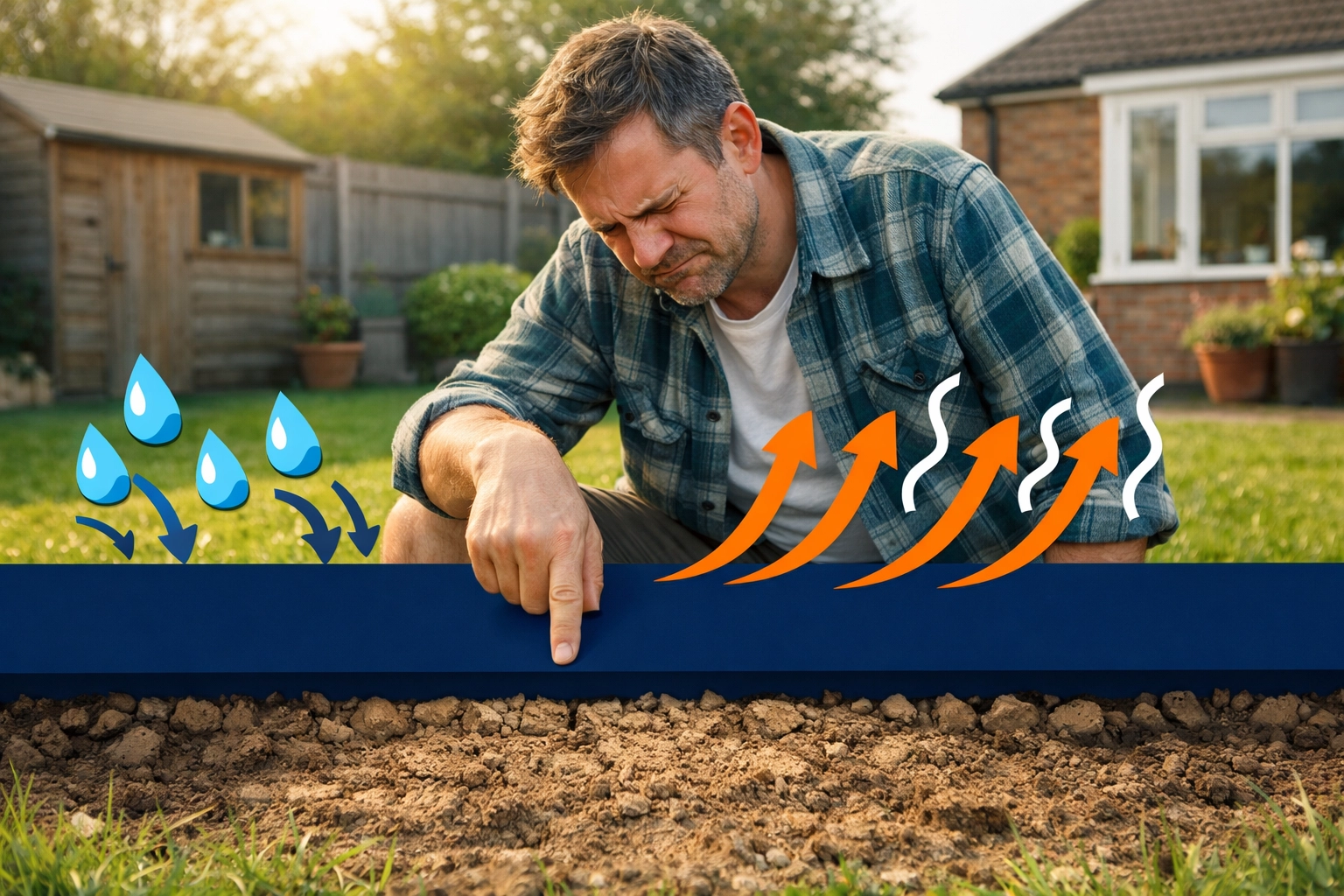 Frustrated homeowner examining hard, compacted soil in a Reading backyard garden.
