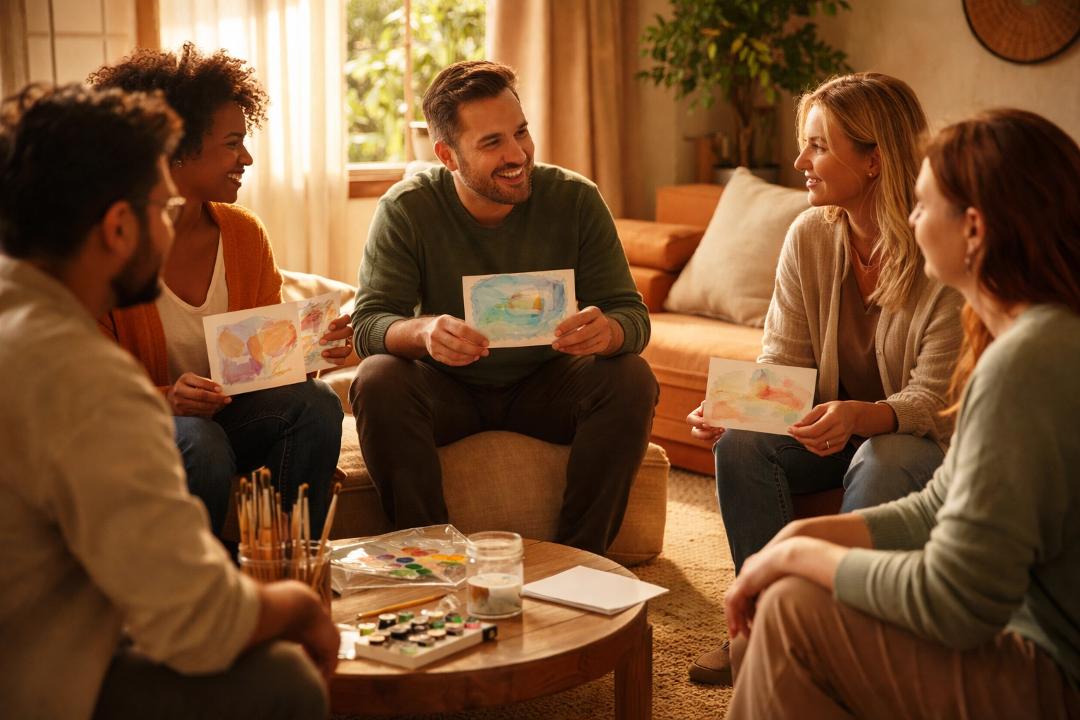 Leadership team sharing reflections during an executive retreat creative wellbeing session