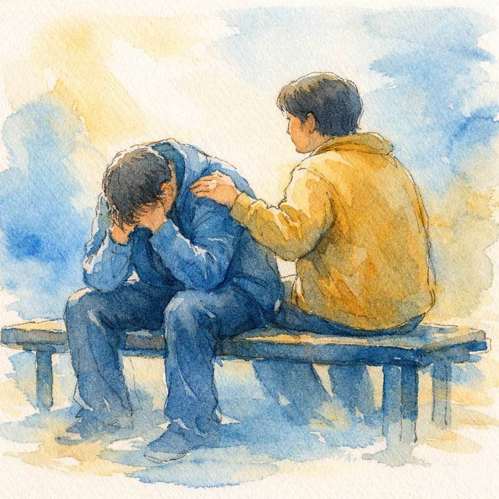 Two people on bench showing empathy and compassion as one comforts another in sorrow