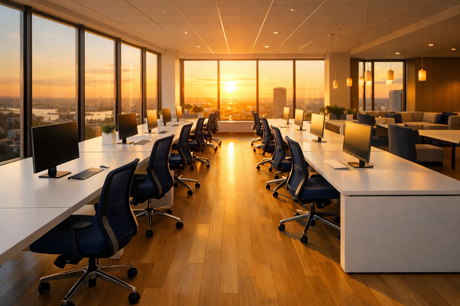 Sunlit open-plan office in Marshfield MA with clean desks and professional furniture ready for work.