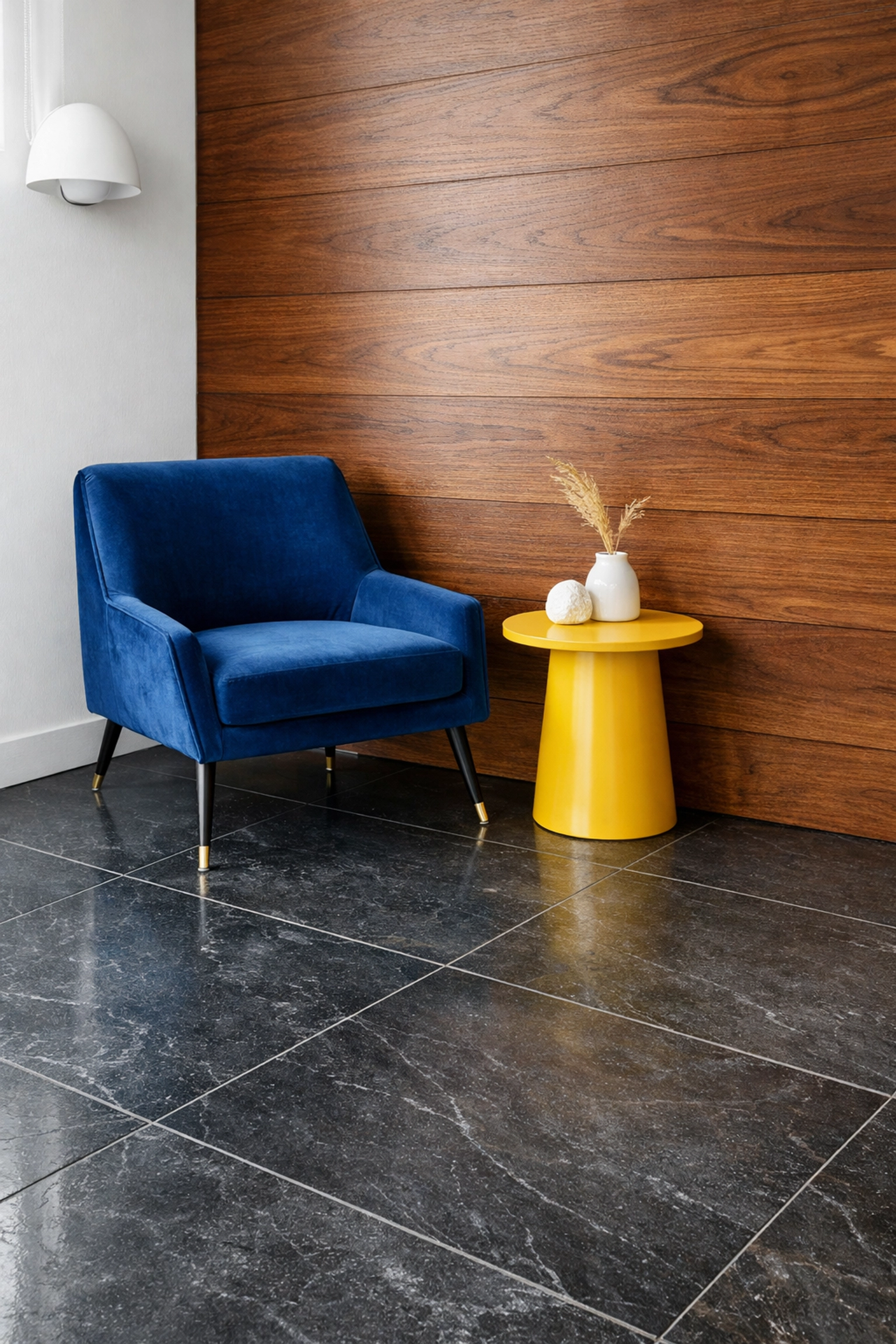 Polished slate floors and walnut walls following a professional Lexington Mid-Century Modern Deep Cleaning.
