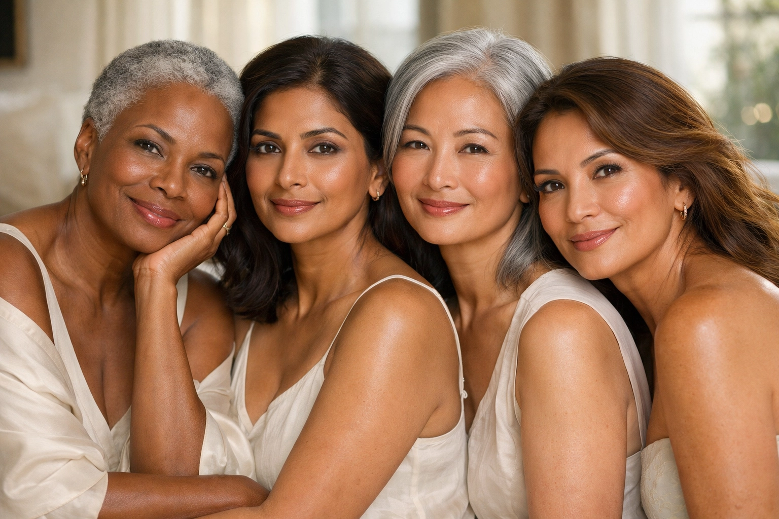 Diverse women in their 50s with melanin-rich skin, including African American, Asian, Indian, and Latina women, with radiant complexions and nourished skin.