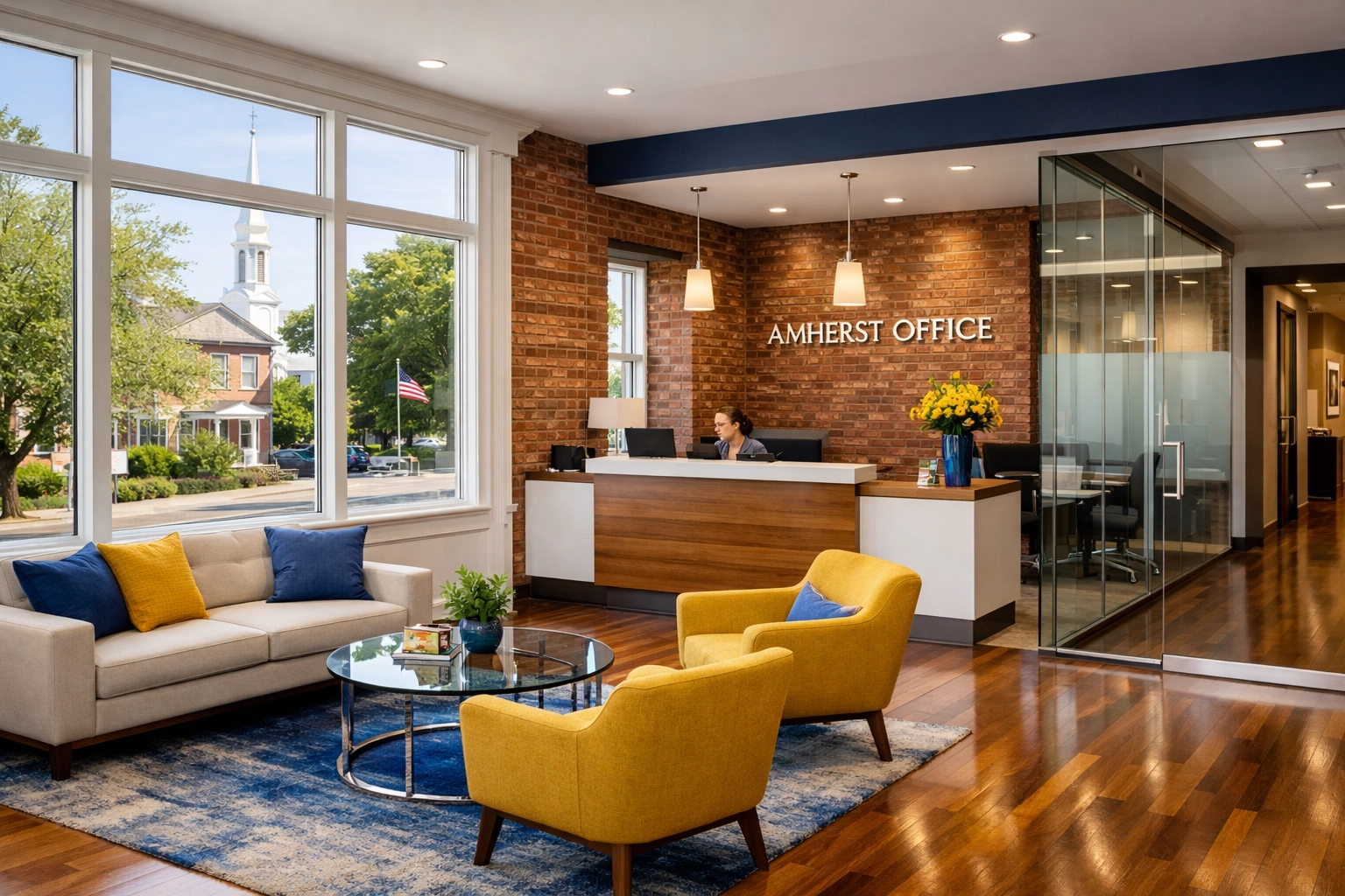 Pristine professional lobby in a historic Amherst commercial building showing exceptional cleanliness.