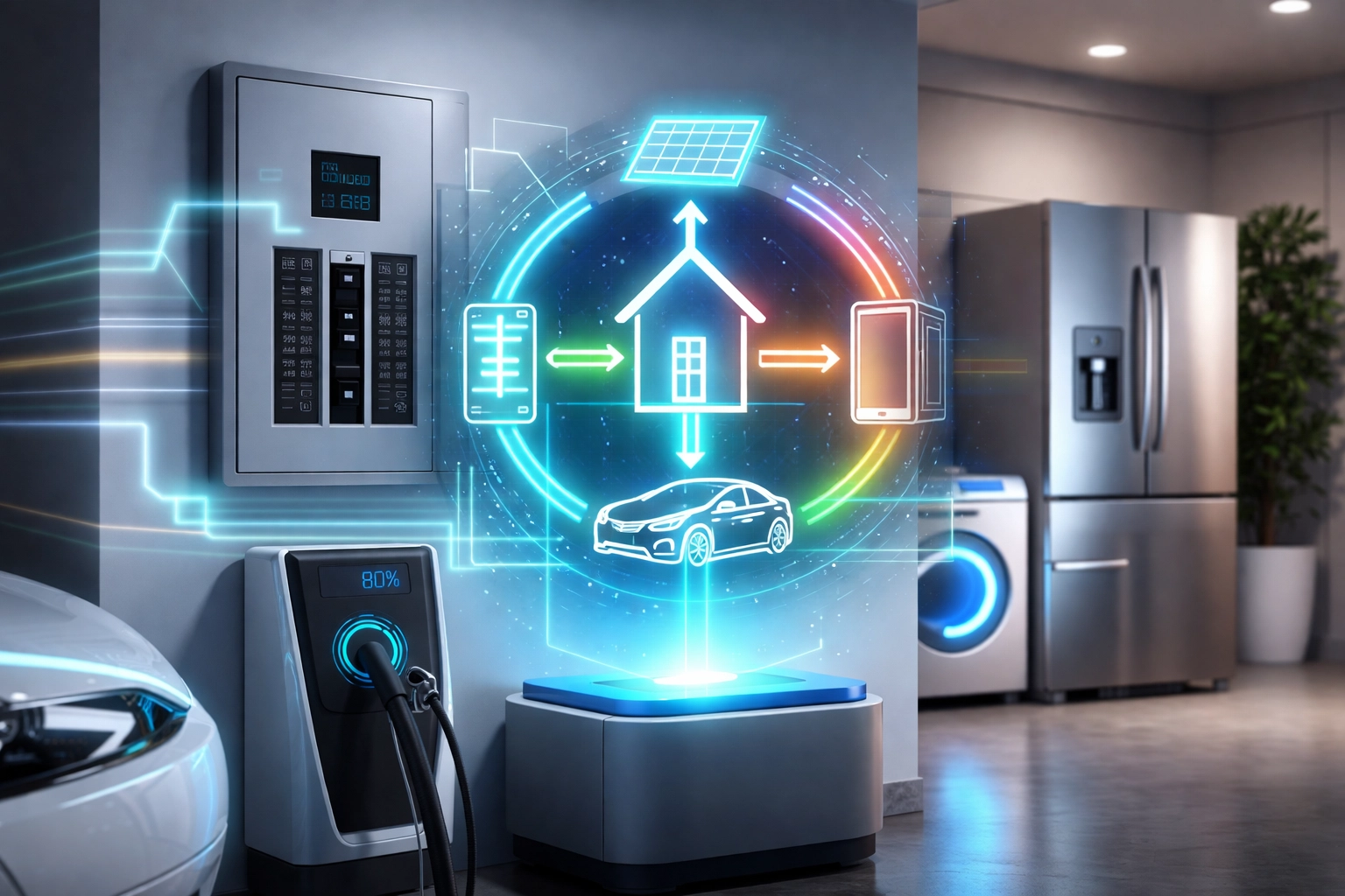 Smart home energy management showing an EV charger, breaker panel, and appliances balancing home electrical load.