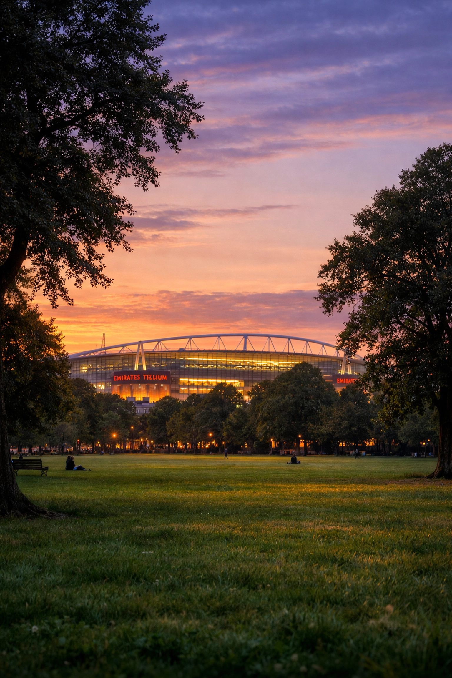 View of Emirates Stadium from Highbury Fields, a serene spot for an Arsenal ashes scattering ceremony.