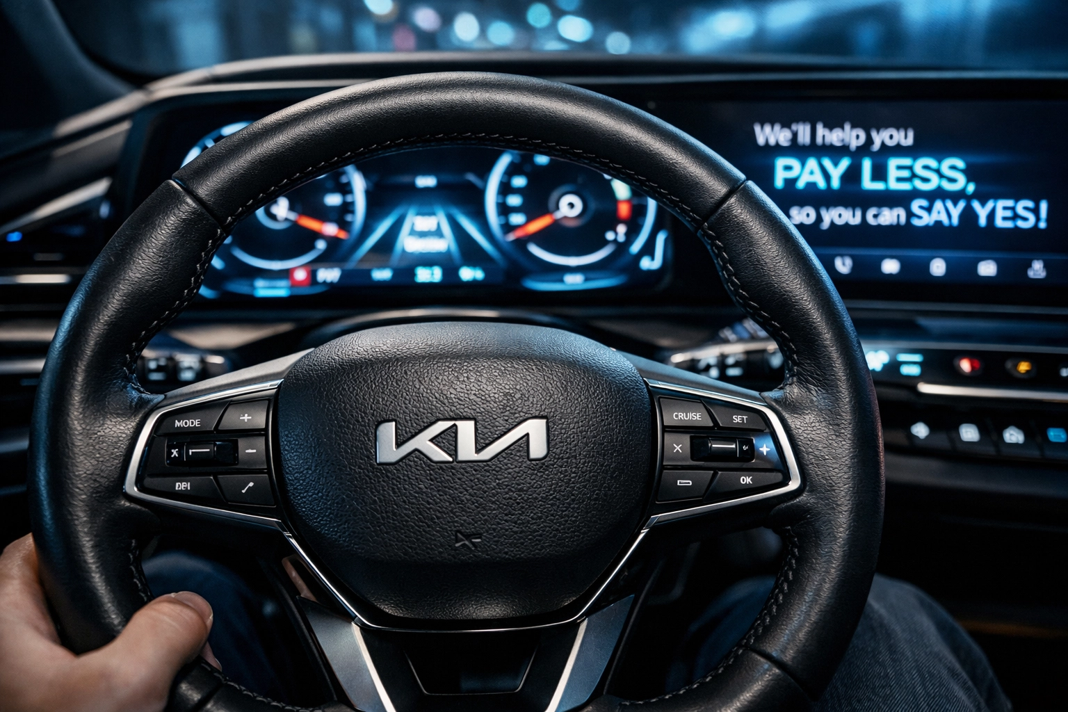 Modern interior and digital dashboard of a 2026 Kia featuring the new Kia logo.