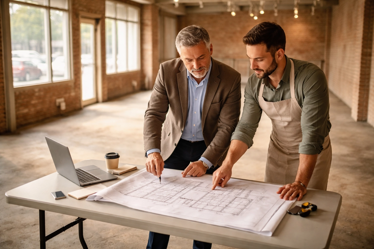 Restaurant consultant and owner reviewing blueprints in empty Bay Area restaurant space for feasibility study