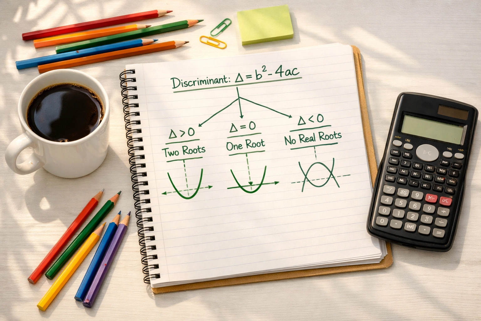 Student notebook with discriminant formula diagrams and parabola sketches for SAT math practice