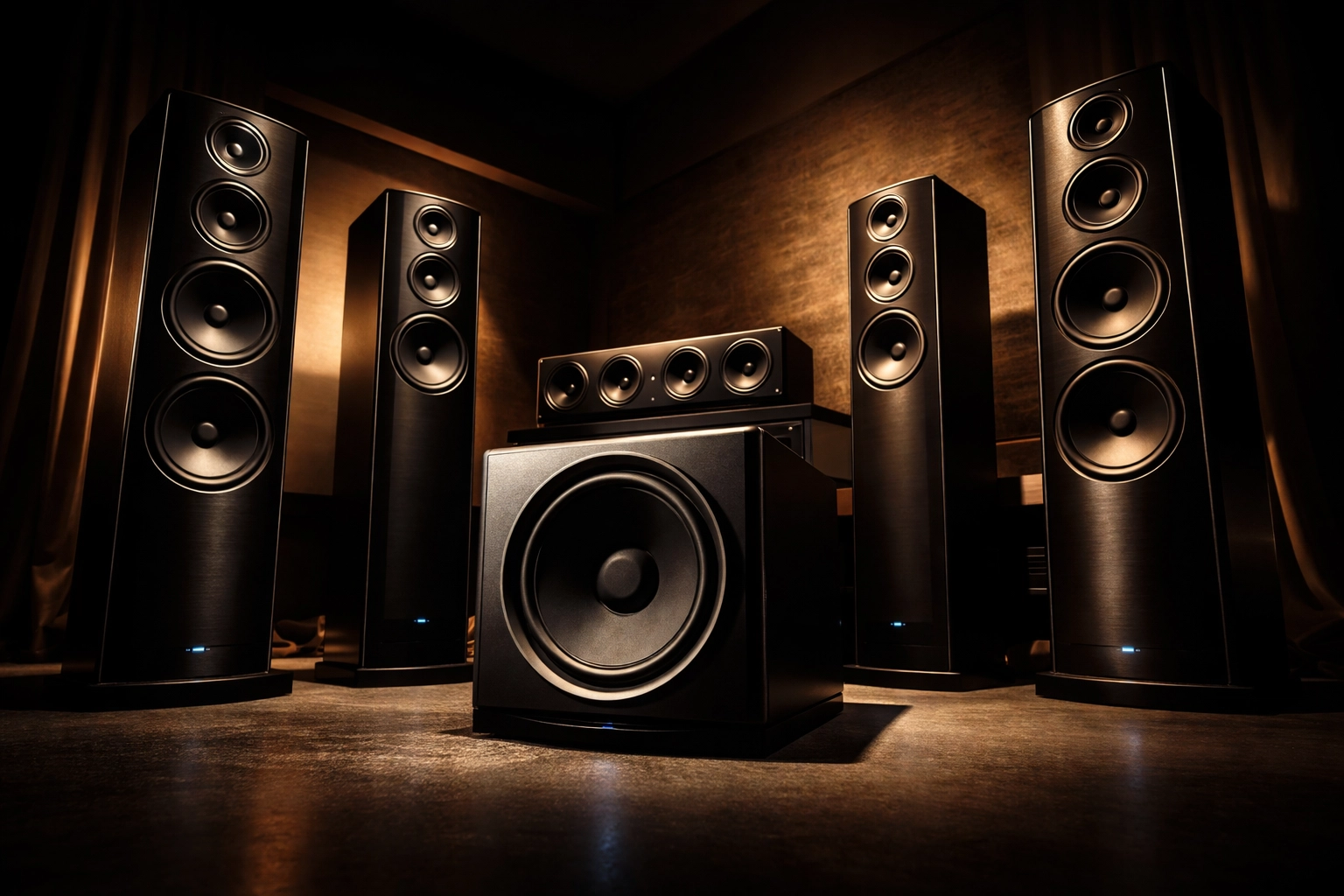 High-end home theater audio system featuring tower speakers and subwoofer for immersive surround sound