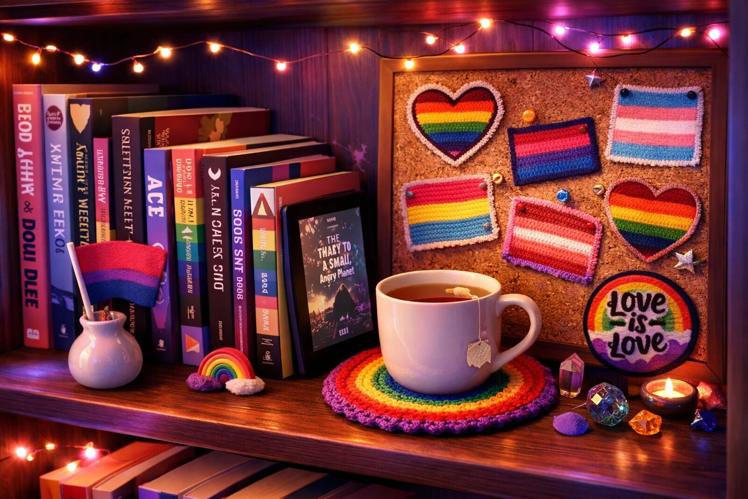 Cozy reading nook featuring DIY pride decor, handmade accessories, and LGBTQ+ fiction novels.