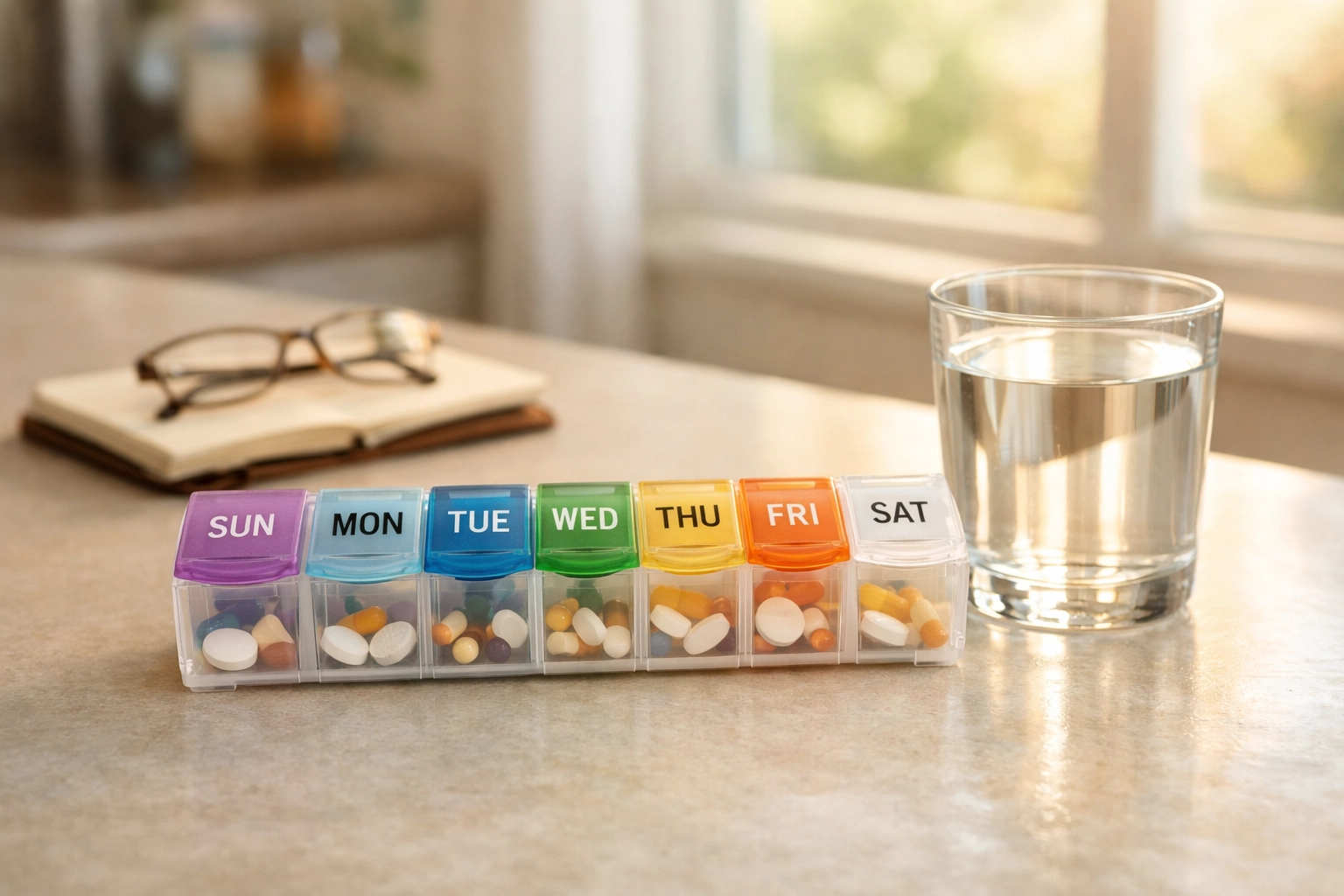 Weekly pill organizer on kitchen counter for safe medication management