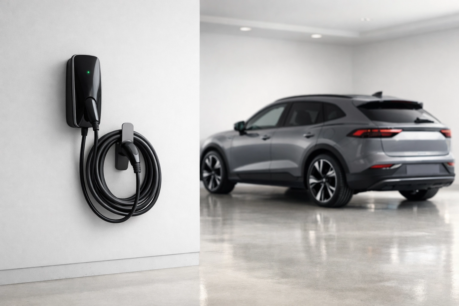 Sleek wall-mounted Level 2 EV charging station in a clean, modern garage in Maricopa County.