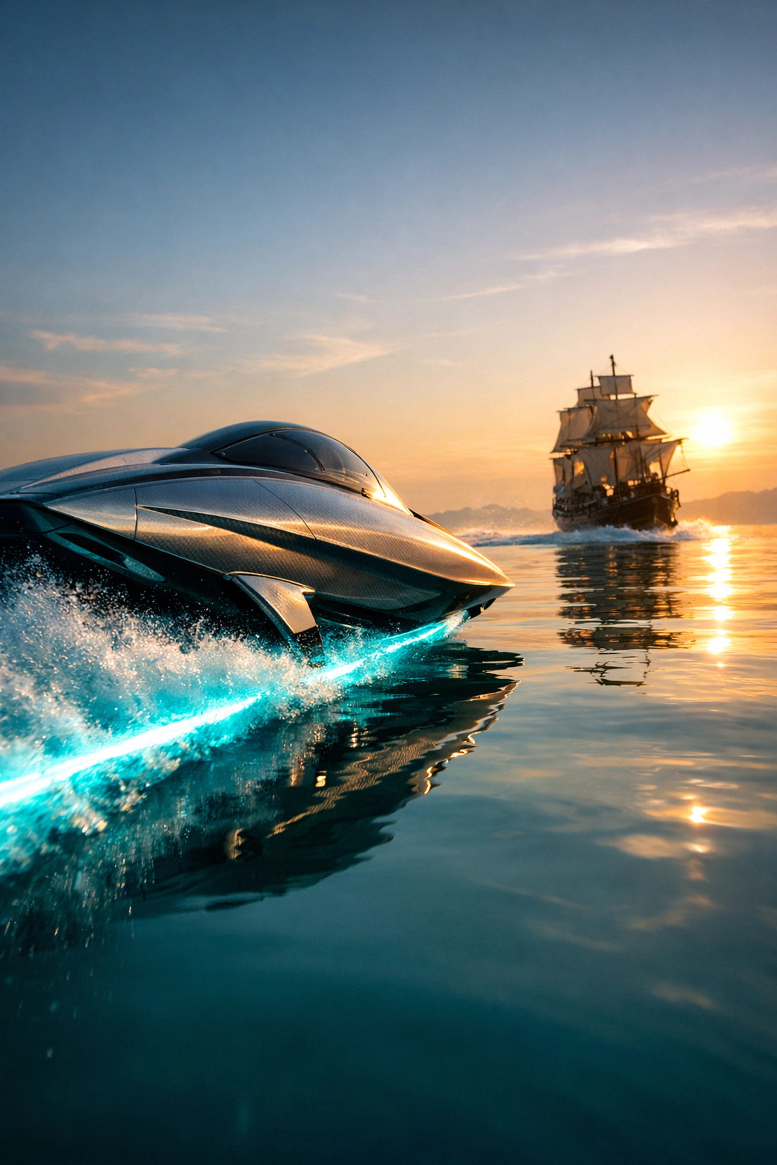 High-speed futuristic boat representing the competitive edge of startups using an AI agency.