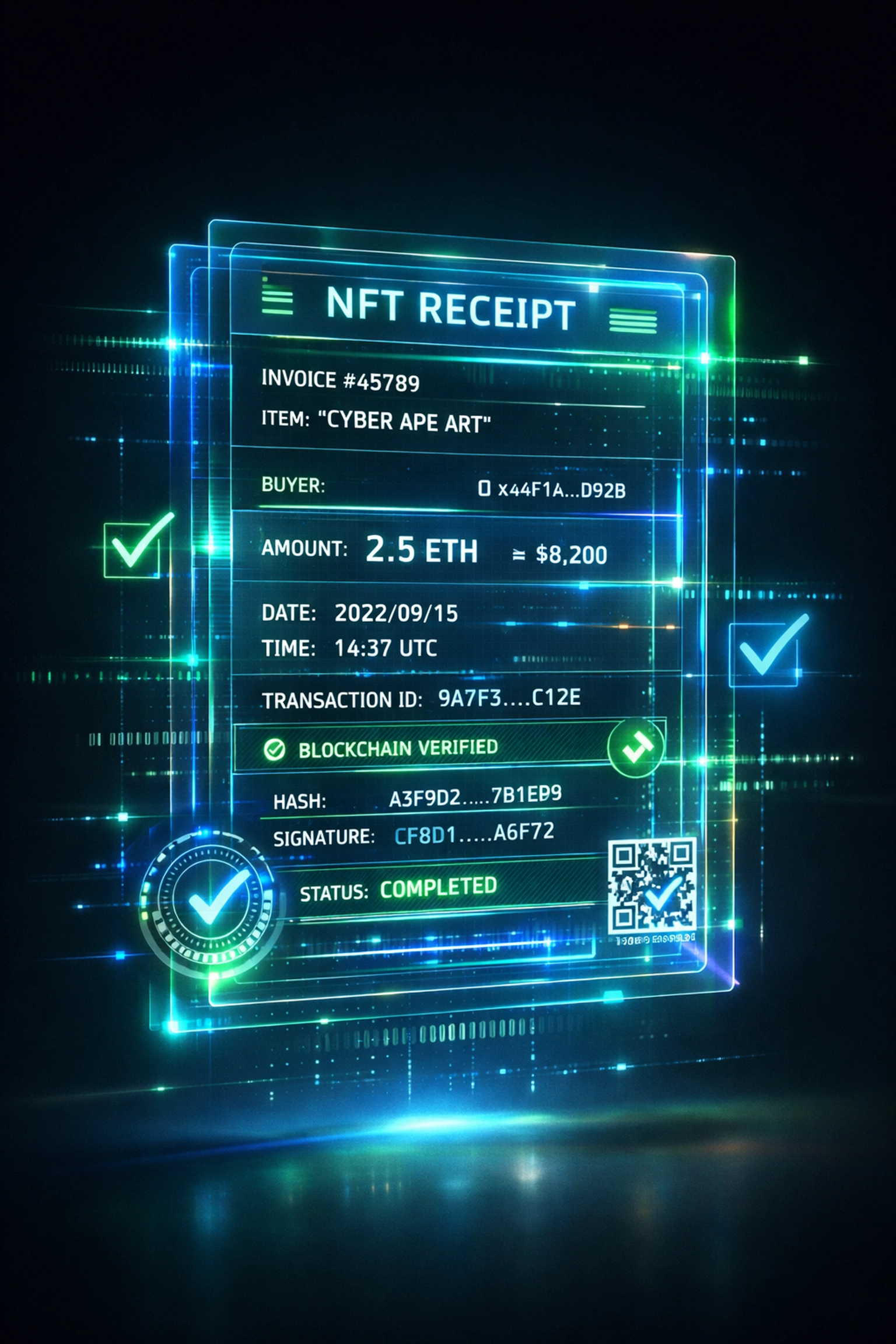 NFT receipt showing blockchain transaction verification and payment metadata for merchants