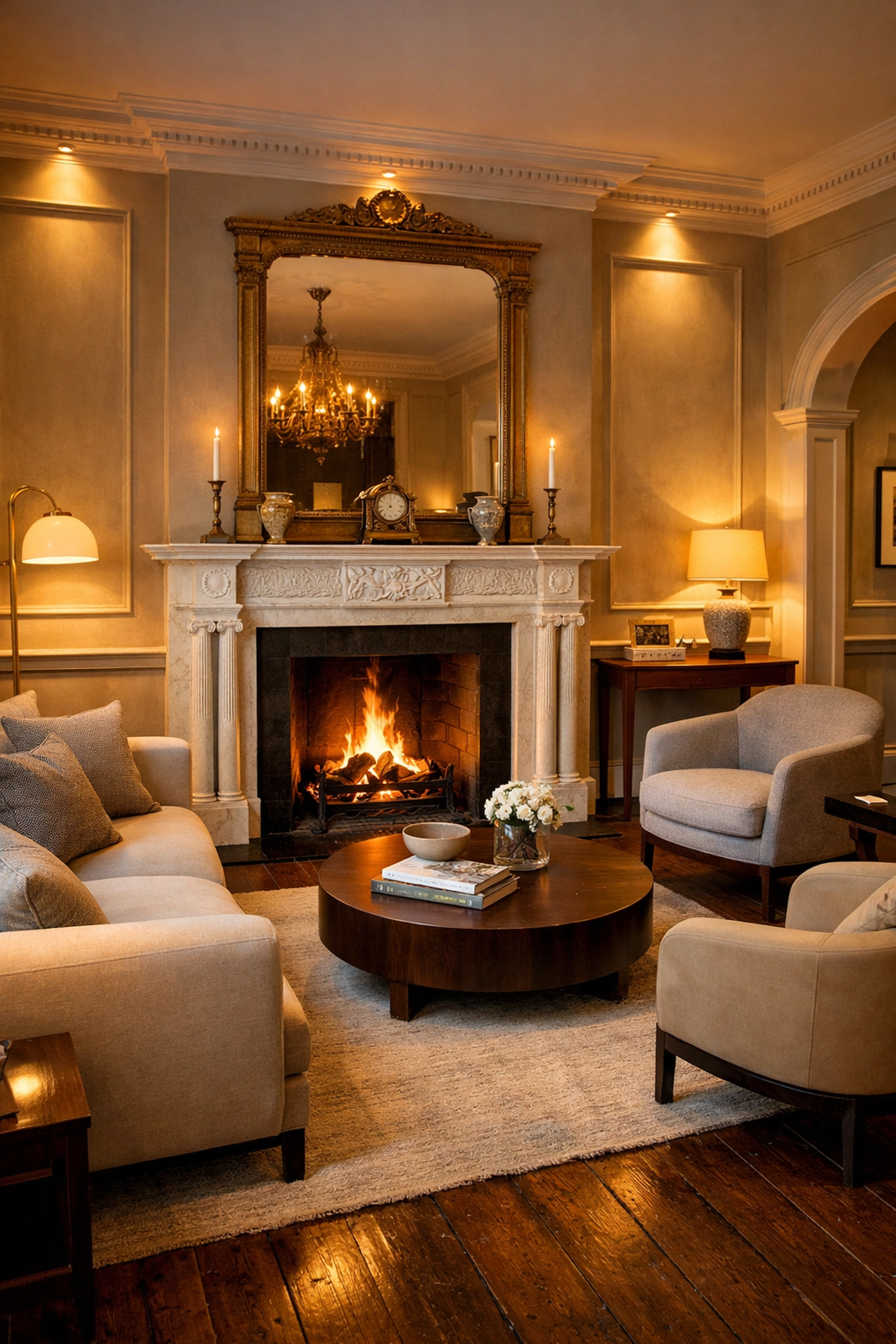 Luxuriously renovated Grade II listed Georgian townhouse interior with a restored marble fireplace.