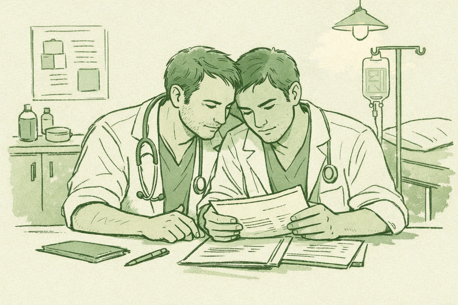 Two male doctors collaborating in international clinic providing queer healthcare