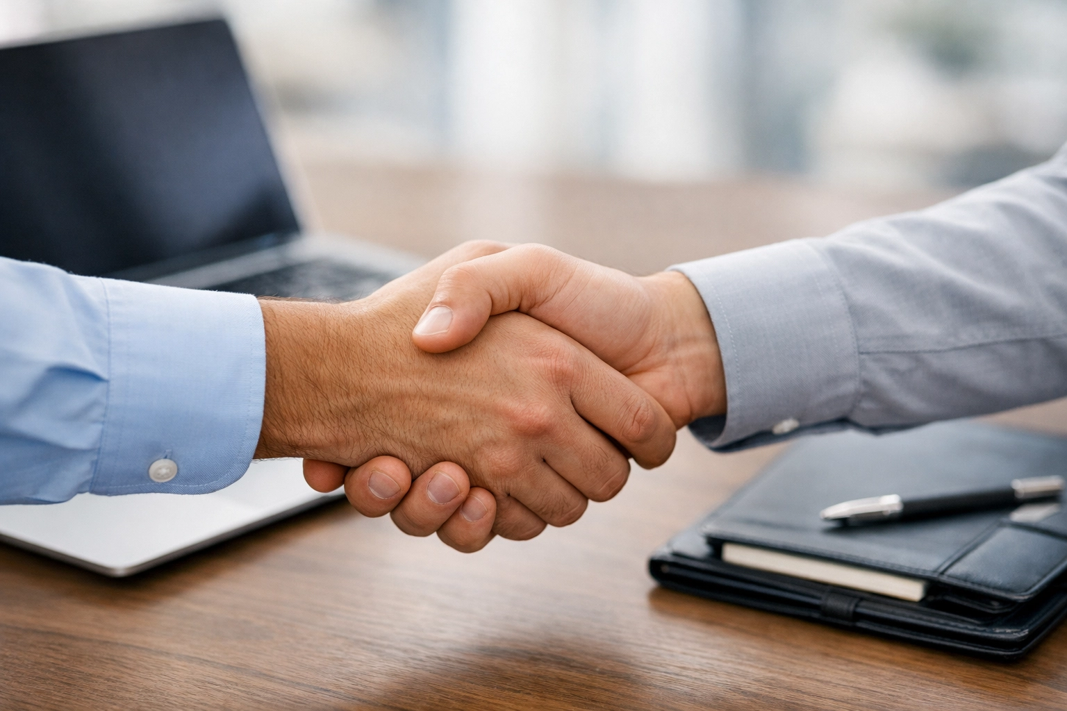 Real estate professionals shaking hands after a secure title insurance and closing agreement.