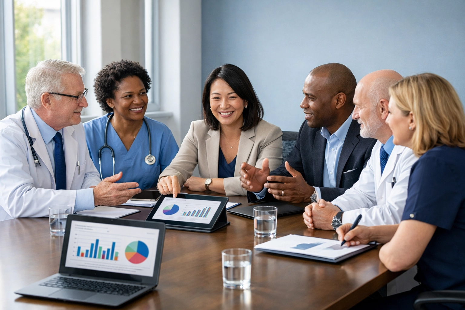 Healthcare leadership team collaborating on AI transformation strategy in boardroom meeting