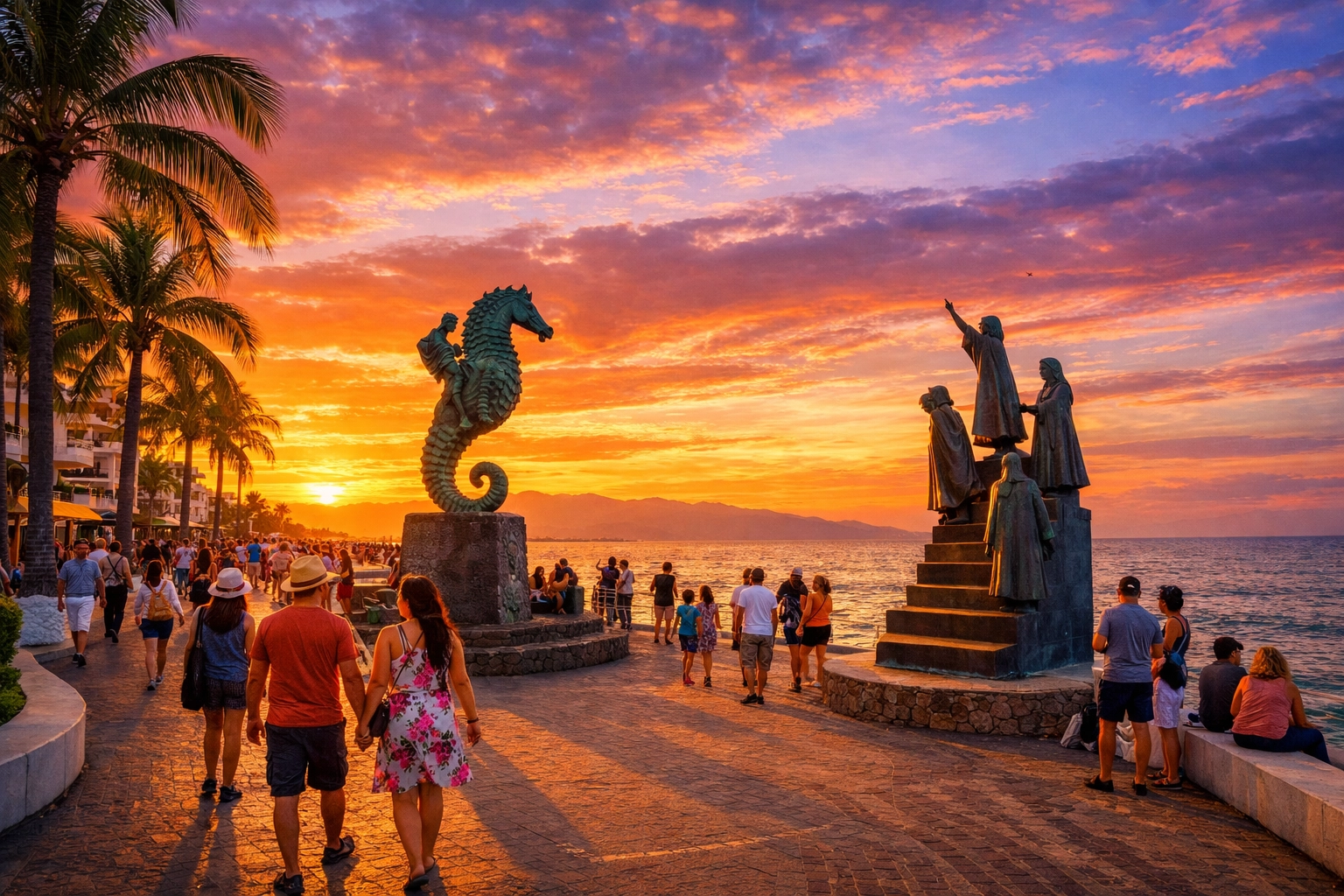 Sunset at the Malecon boardwalk in Old Town, close to places to rent apartments in Puerto Vallarta.